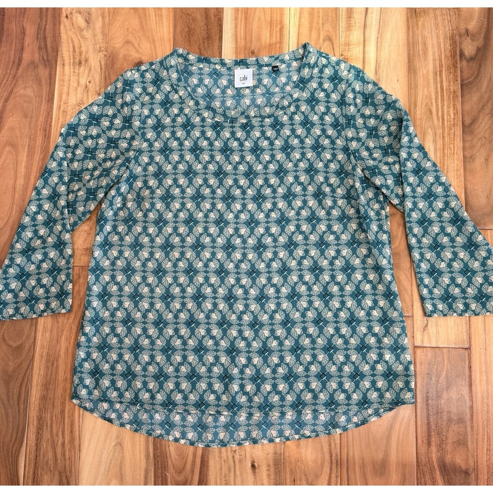 Cabi Jade Leaf Print Blouse Womens Medium Green Popover 3/4 Sleeves Lightweight